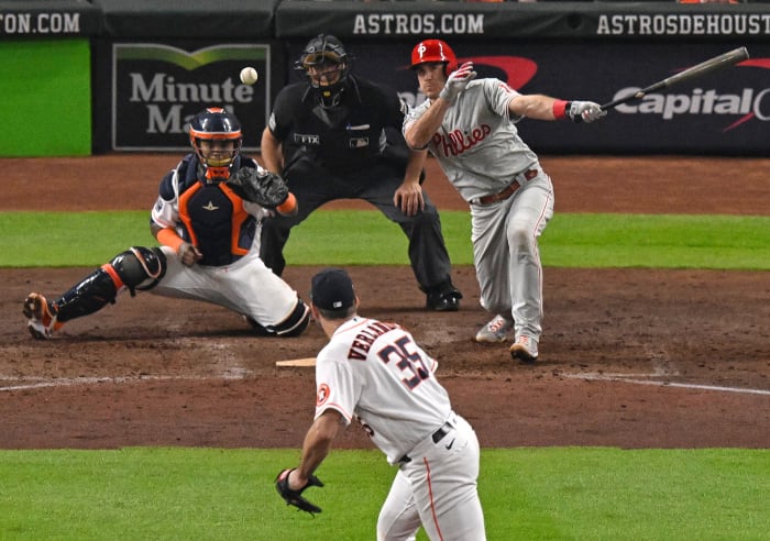 J.T. Realmuto gets a hit off Justin Verlander in last season’s World Series.